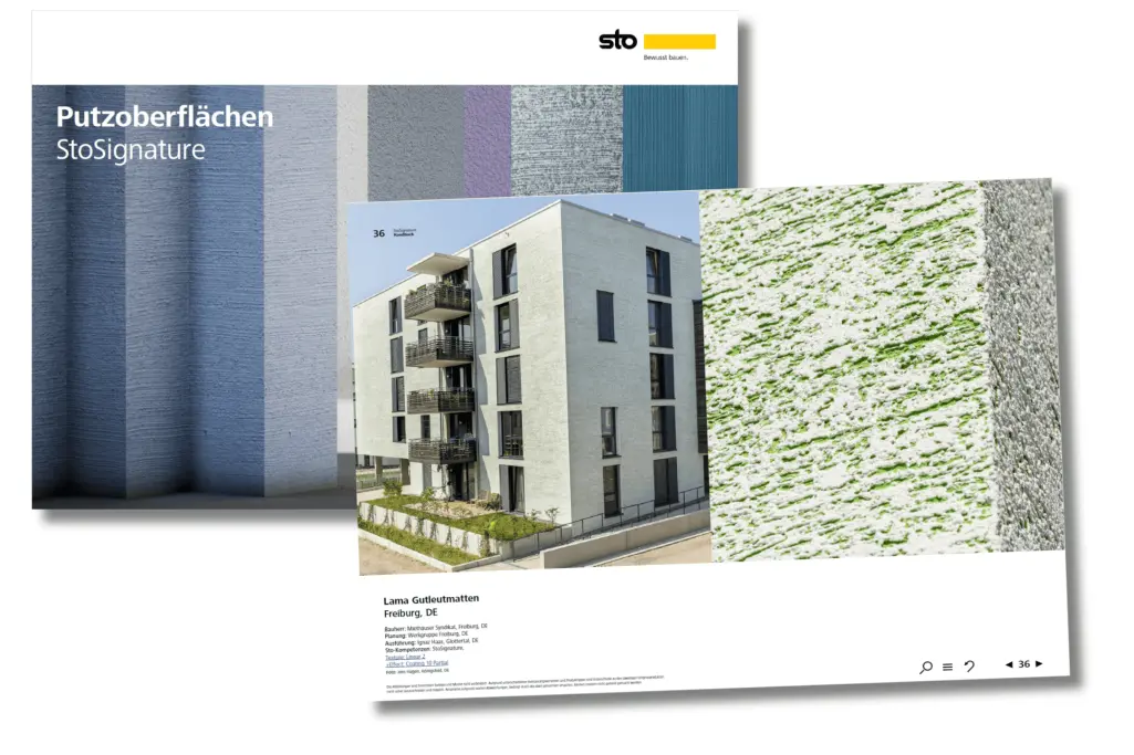 Titelseite und Beispielseiten des Sto Lookbooks ‚Putzoberflächen StoSignature‘