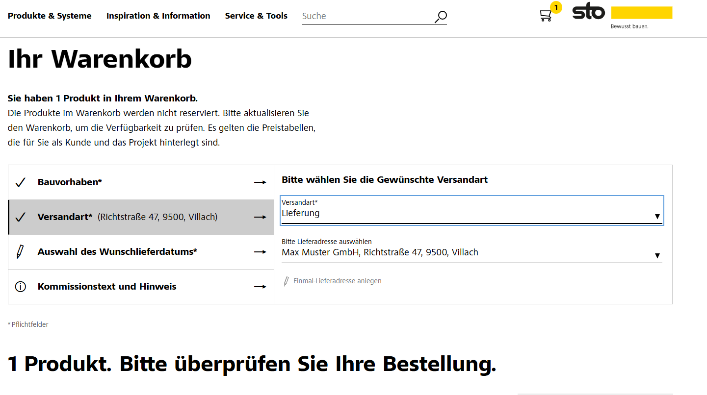 Einmal Lieferadresse Sto Online Shop