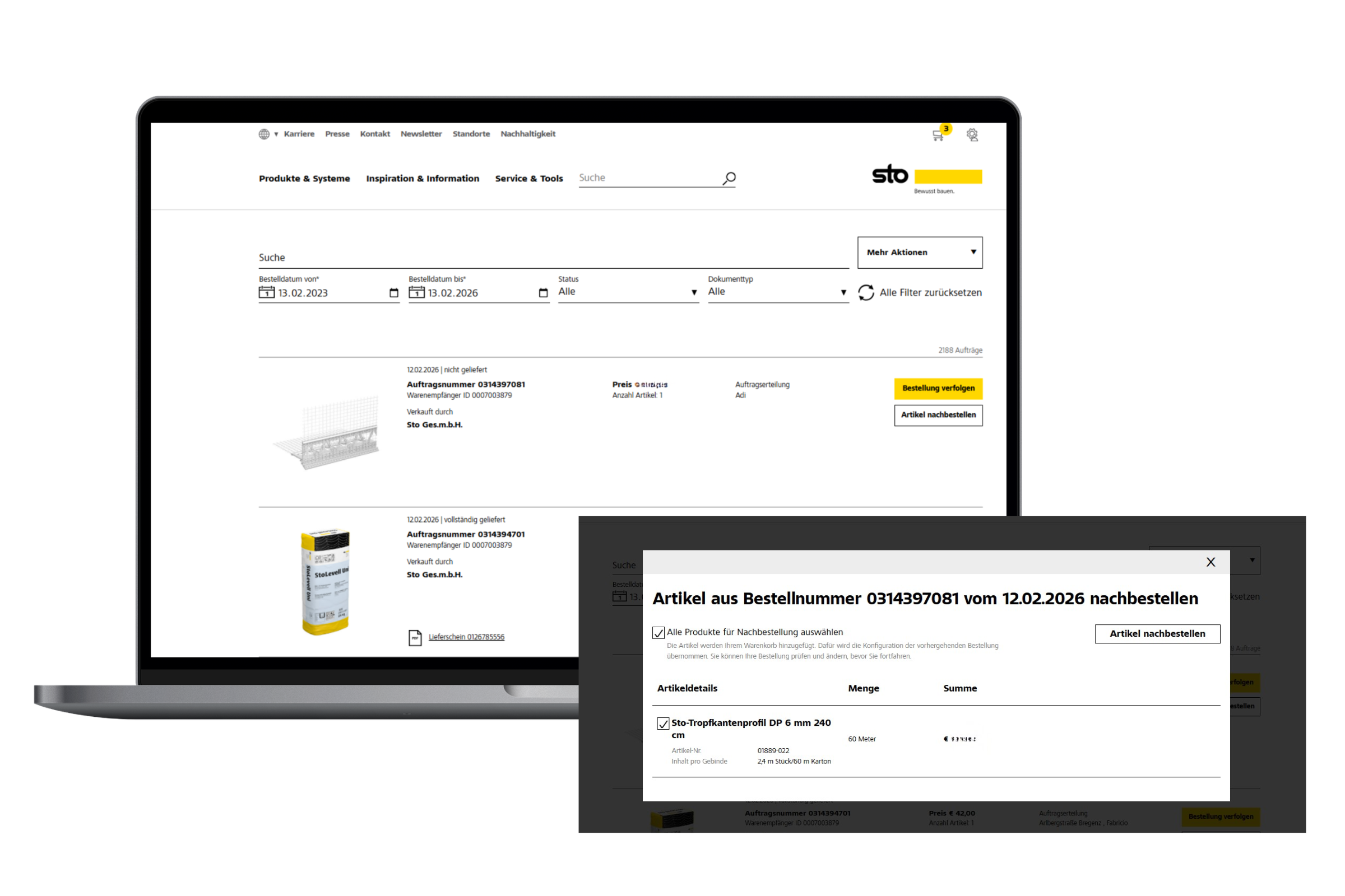 Sto Online Shop Bestellhistorie und Nachbestellen