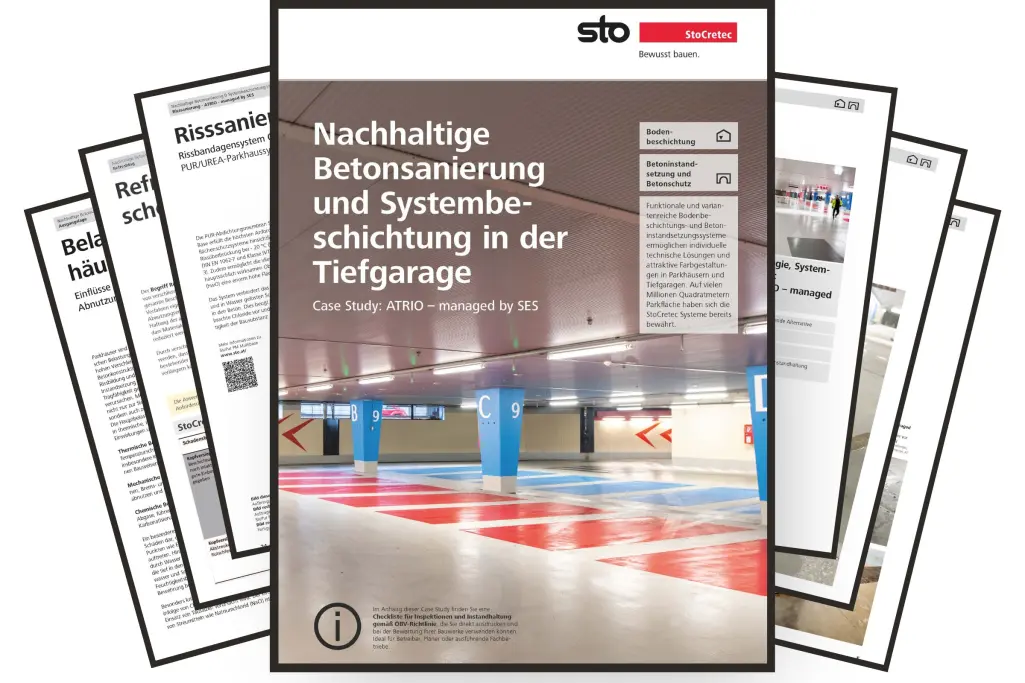 Mockup einer StoCretec-Broschüre zur Betonsanierung und Beschichtung der ATRIO-Tiefgarage.