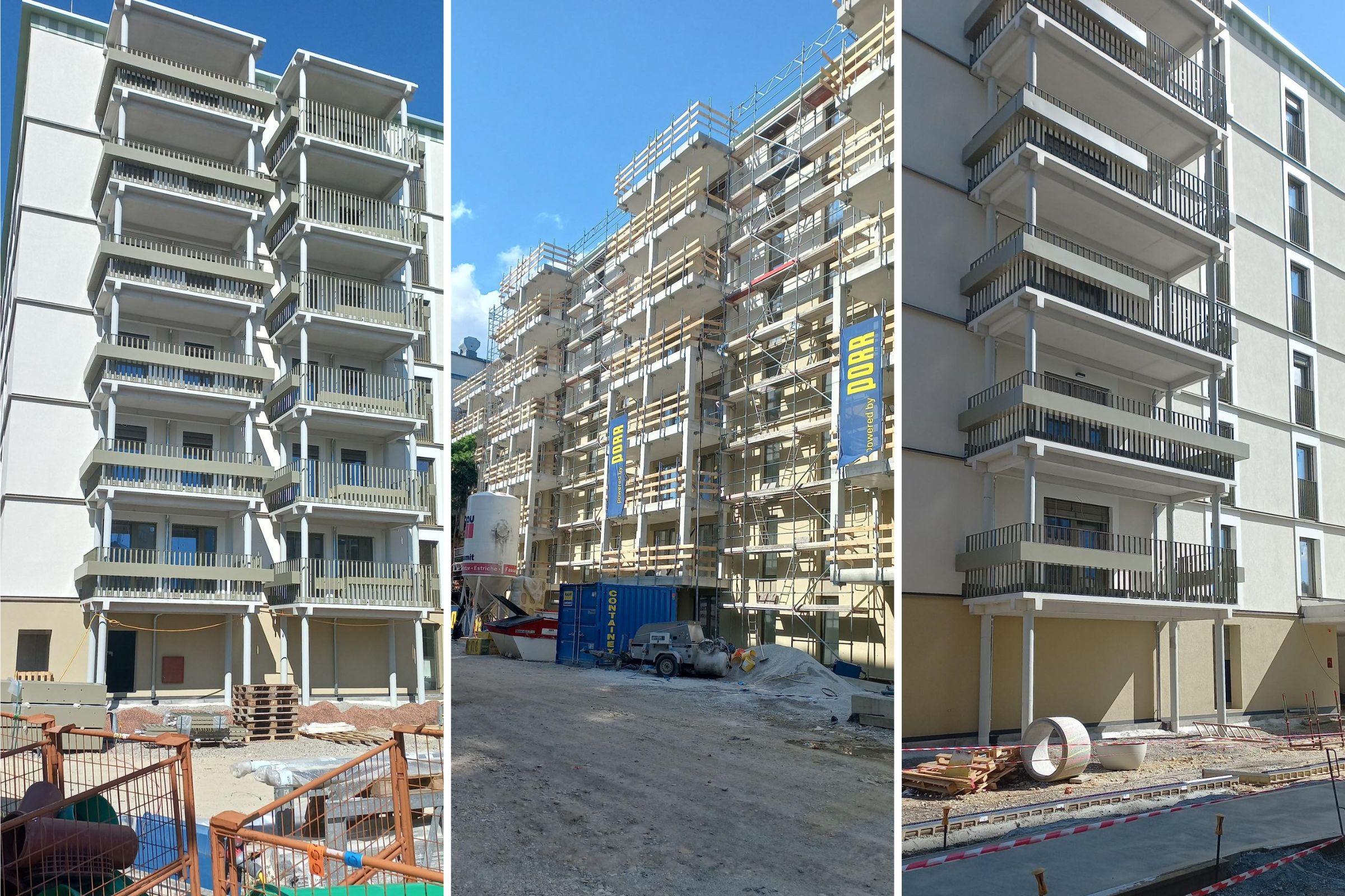 Leopoldquartier Wien: dreiteilige Baustellenansicht von Wohnbauten mit Balkonen und Gerüst.