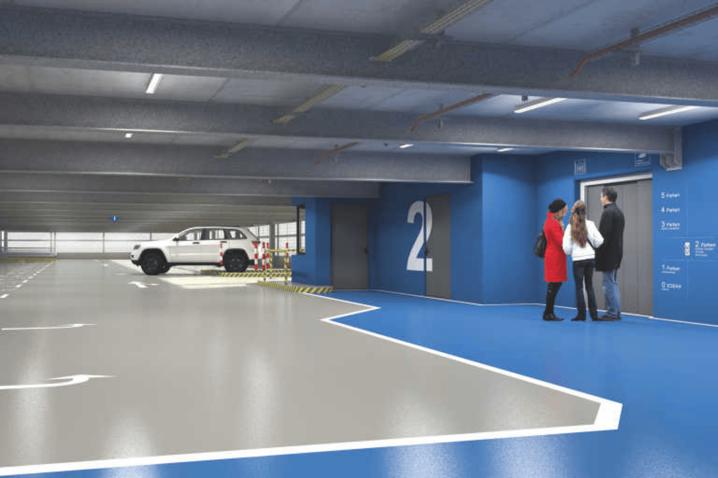 Parkdeck mit blauer und grauer StoCretec-Bodenbeschichtung.