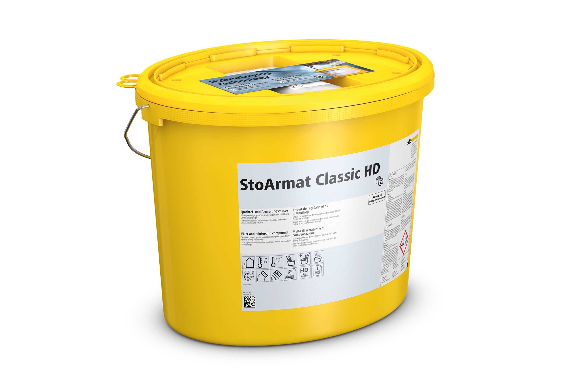 Produktbild: gelber Sto-Eimer mit StoArmat Classic HD: pastöse Armierungsmasse mit HD Technology