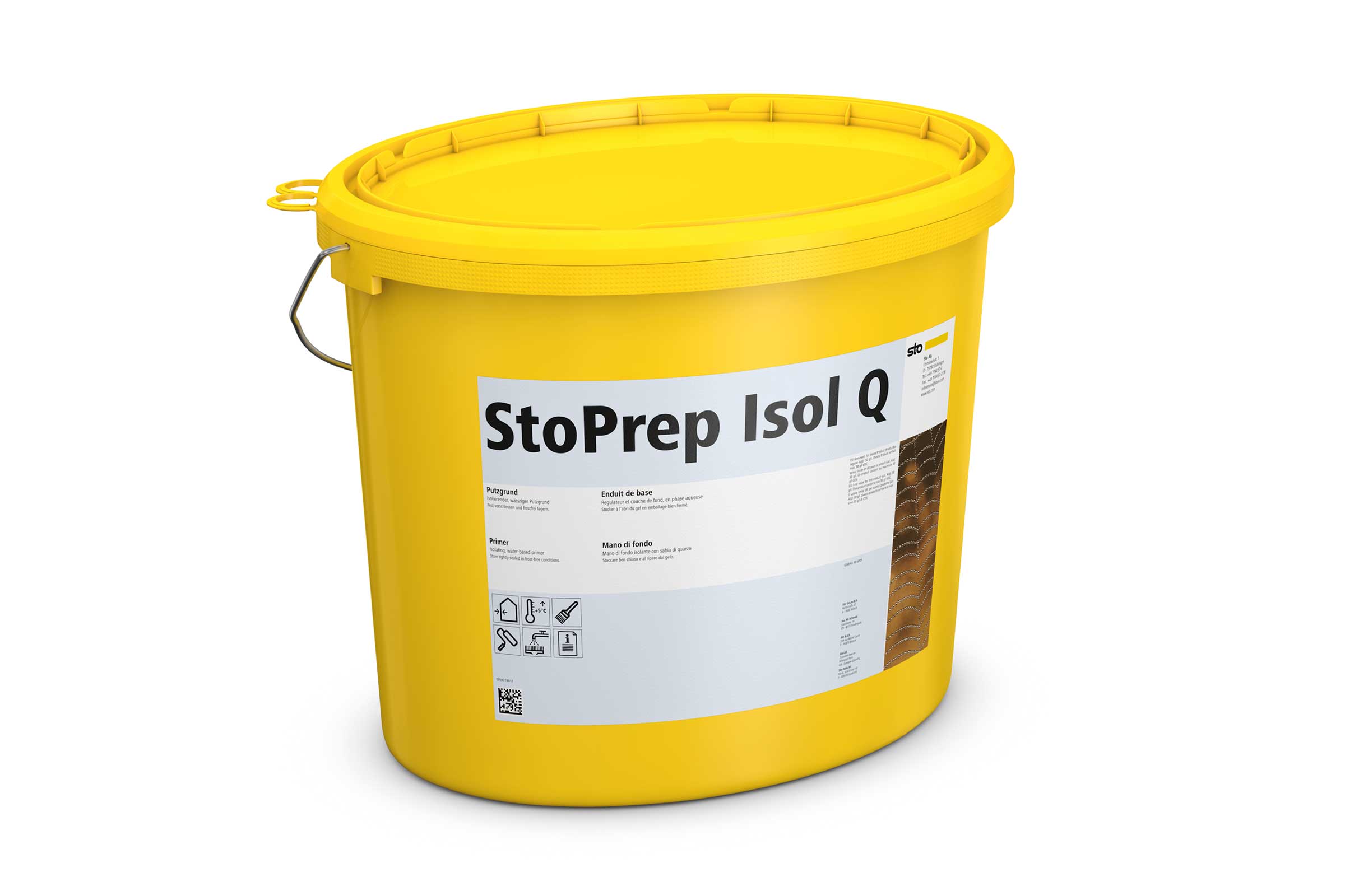 Produktbild: gelber Sto-Eimer mit Putzgrund für die nasskalte Jahreszeit: StoPrep Isol Q