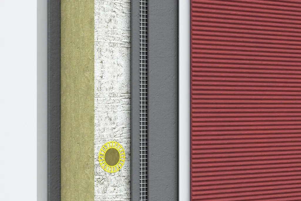 Wärmedämm-Verbundsystem Aufbau mit Dämmstoffschicht, Armierungsschicht und Oberflächenbeschichtung