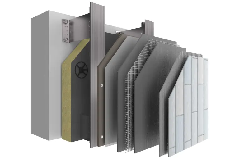Vorgehängte hinterlüftete Fassade.Systemaufbau StoVentec C mit allen Schichten und Keramik als Schlussbeschichtung