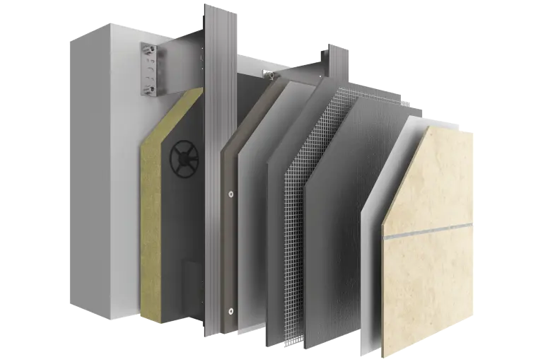 Hinterlüftete Fassade Dämmung. Systemaufbau StoVentec S mit allen Schichten und Stein als Schlussbeschichtung