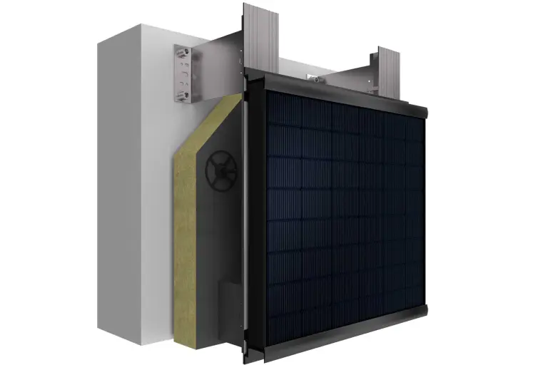 Vorgehängte hinterlüftete Fassade mit gerahmten Photovoltaikmodulen Systemaufbau StoVentec Photovoltaics Inlay mit allen Schichten