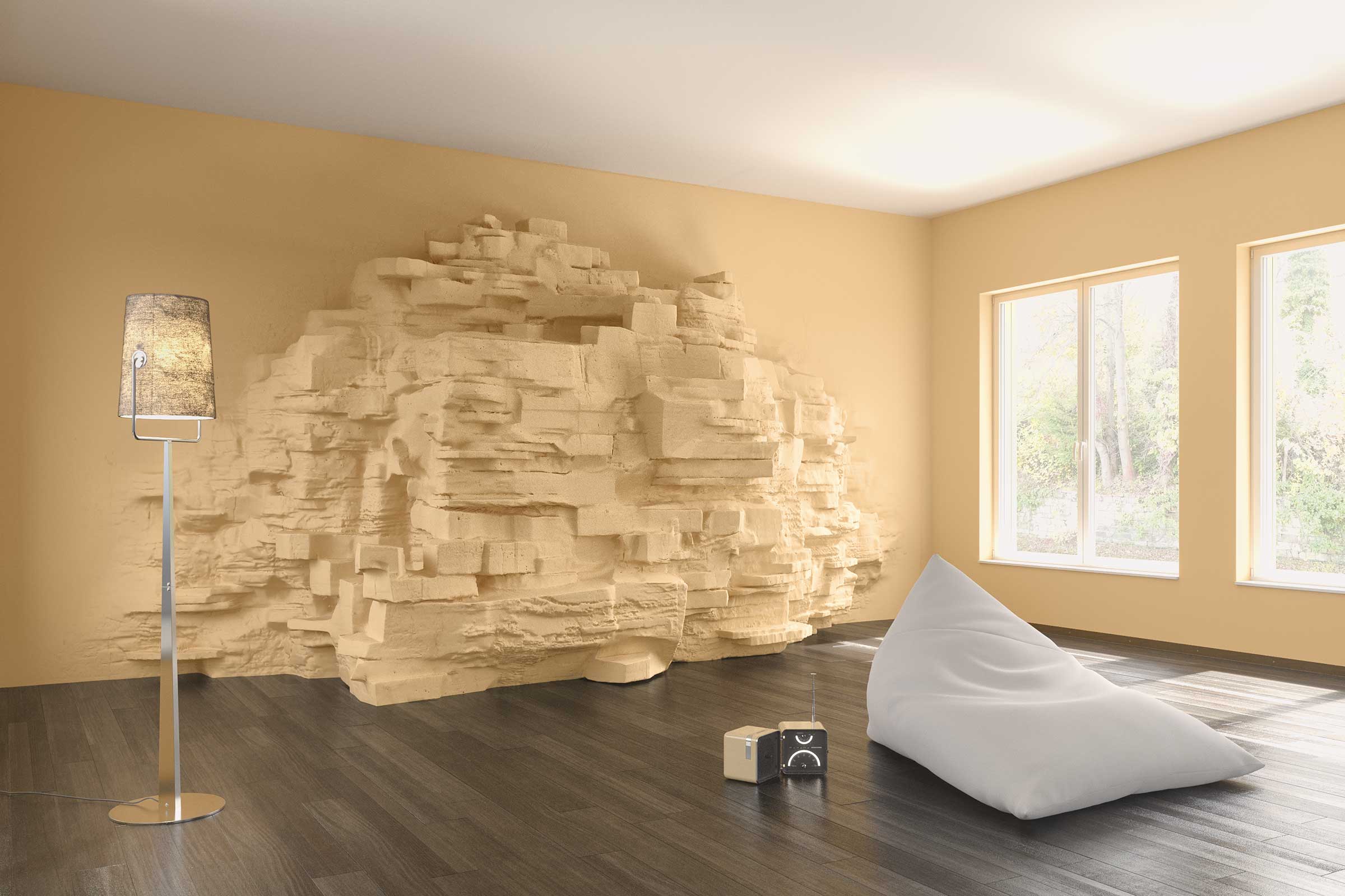 Wandfarbe gegen Schimmel, Mineralfarbe, Innenaufnahme mit Kalkfarbe von Sto, in natürlichem Beige