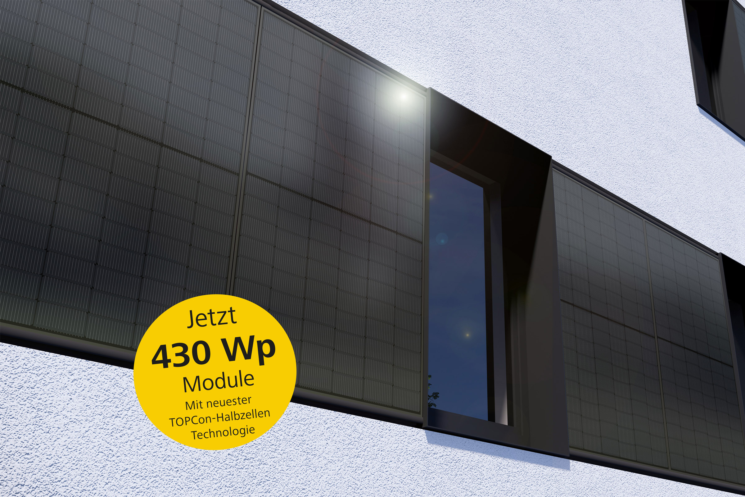 StoVentec Photovoltaics Inlay: gerahmte Photovoltaikmodule mit einer Leistung von aktuell 430 Wp.