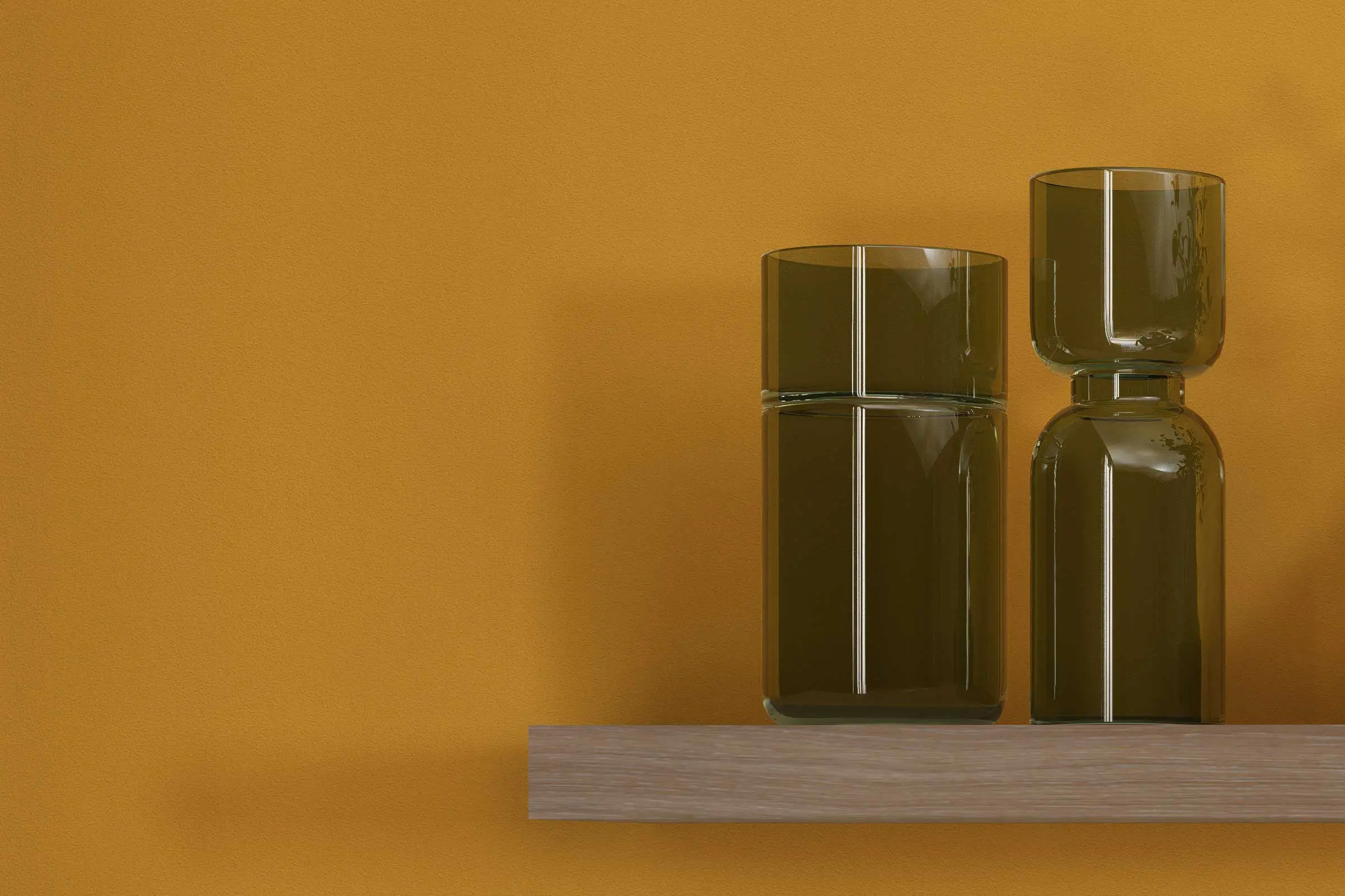 Wandgestaltung Esszimmer, Detail Wandregal mit Dekovasen an gelber Wandfläche, Interior Colors 24+