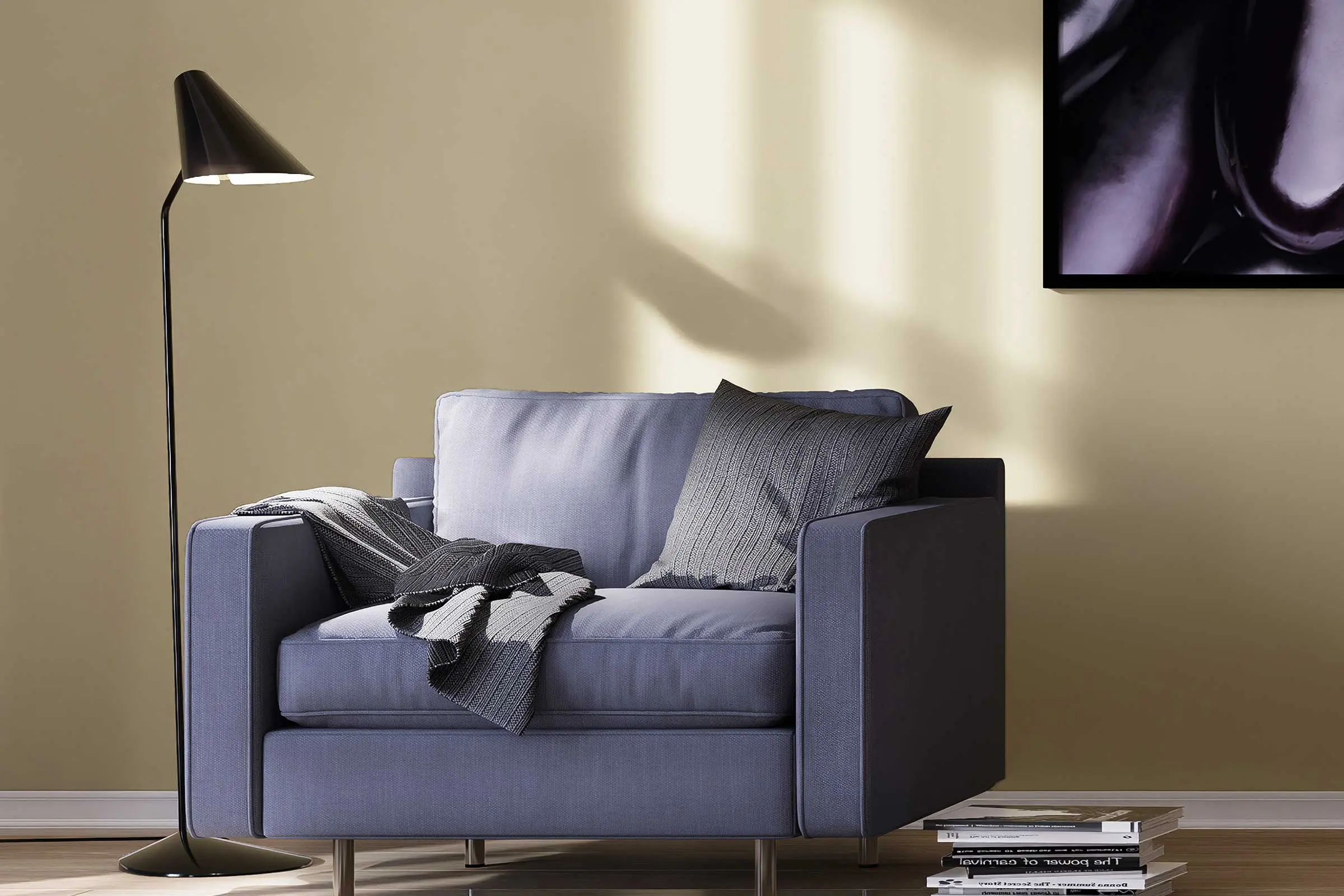 Wandgestaltung Schlafzimmer Detail Sessel und Lampe, Wand dahinter gestaltet mit Interior Colors 24+