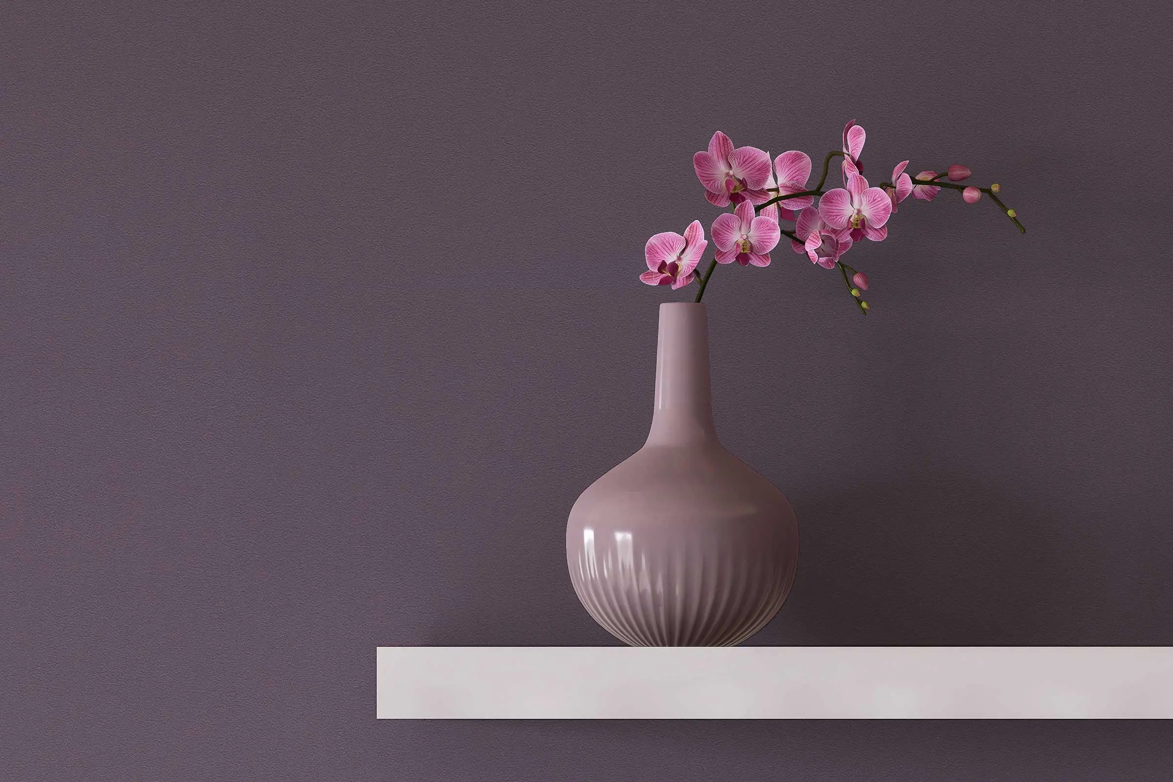 Wandgestaltung Schlafzimmer Regal mit Vase, lilafarbene Wand gestaltet mit den Interior Colors 24+