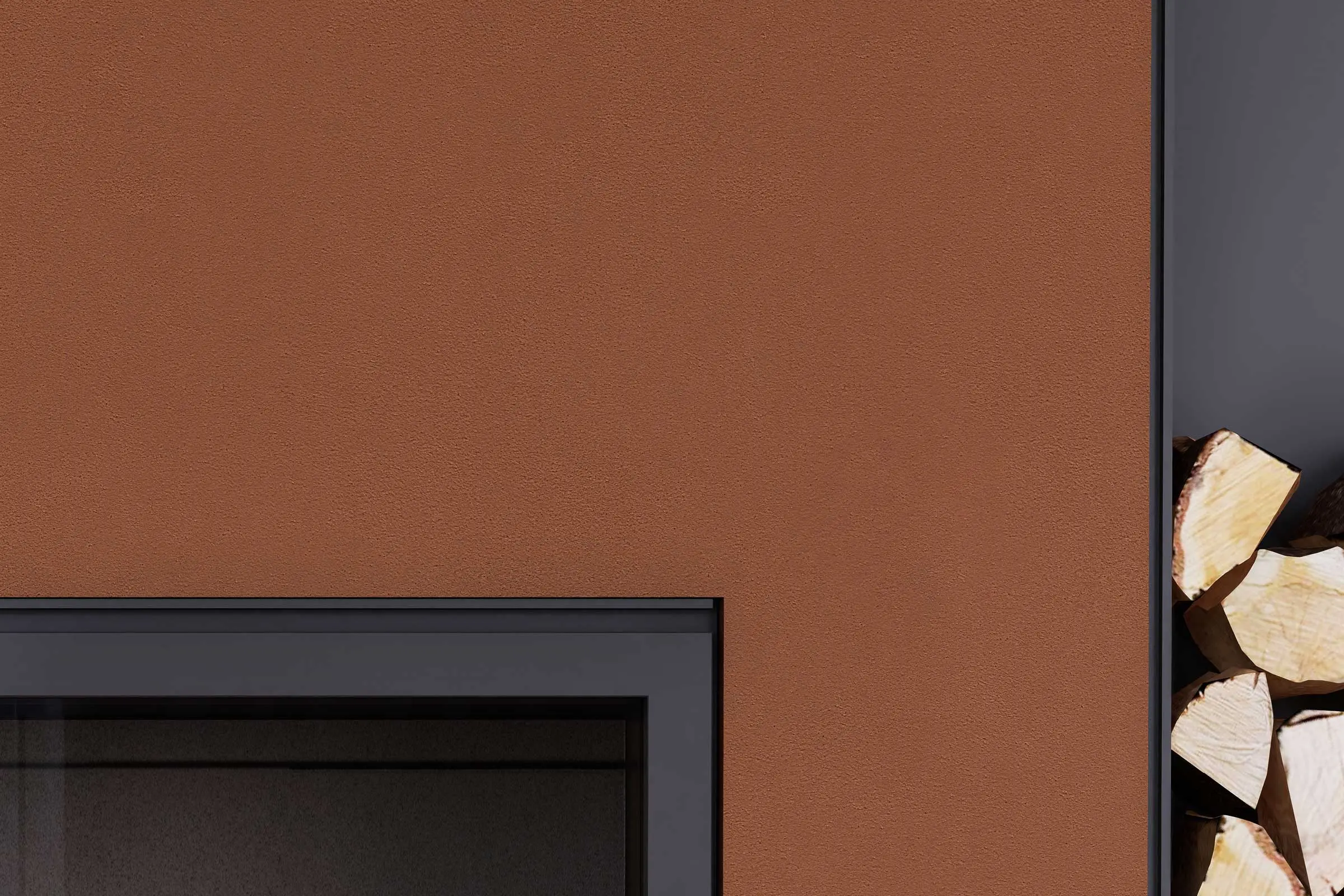 Wandgestaltung Wohnzimmer, Detail Feuerholz Kamin, rotbraune Wandfläche, Interior Colors 24+