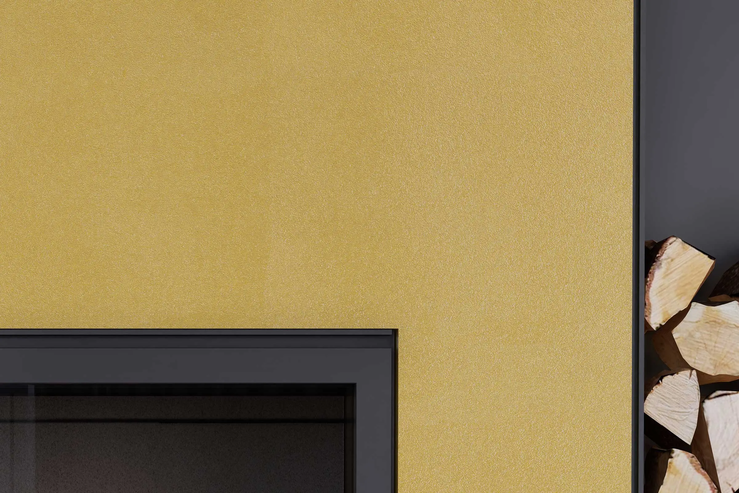 Wandgestaltung Wohnzimmer, Detail Feuerholz Kamin, gelbe Wandfläche mit Interior Colors 24+