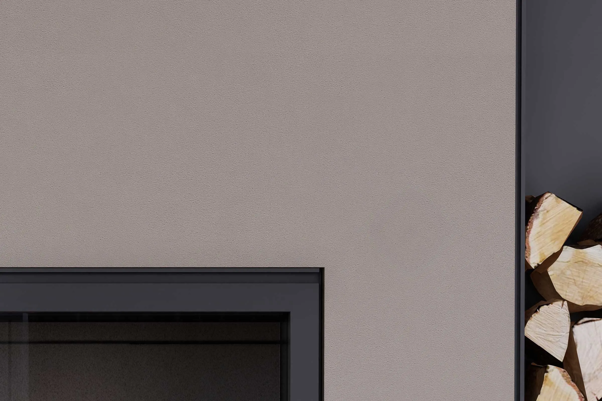 Wandgestaltung Wohnzimmer, Detail Feuerholz Kamin, walnussfarbene Wand, Interior Colors 24+