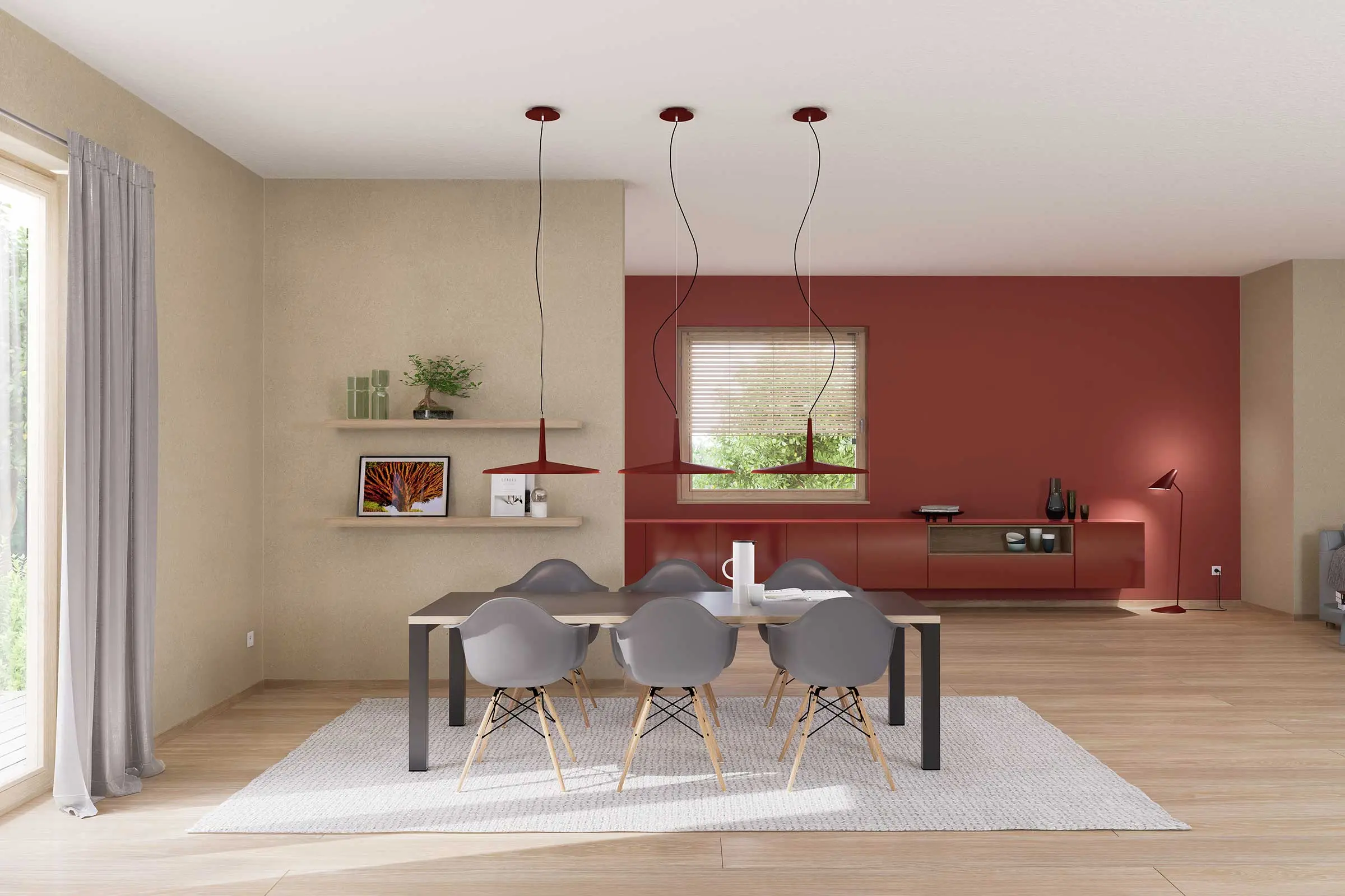 Wandgestaltung Esszimmer 1, gestaltet mit Farbtönen in Rot und Natur der Interior Colors 24+
